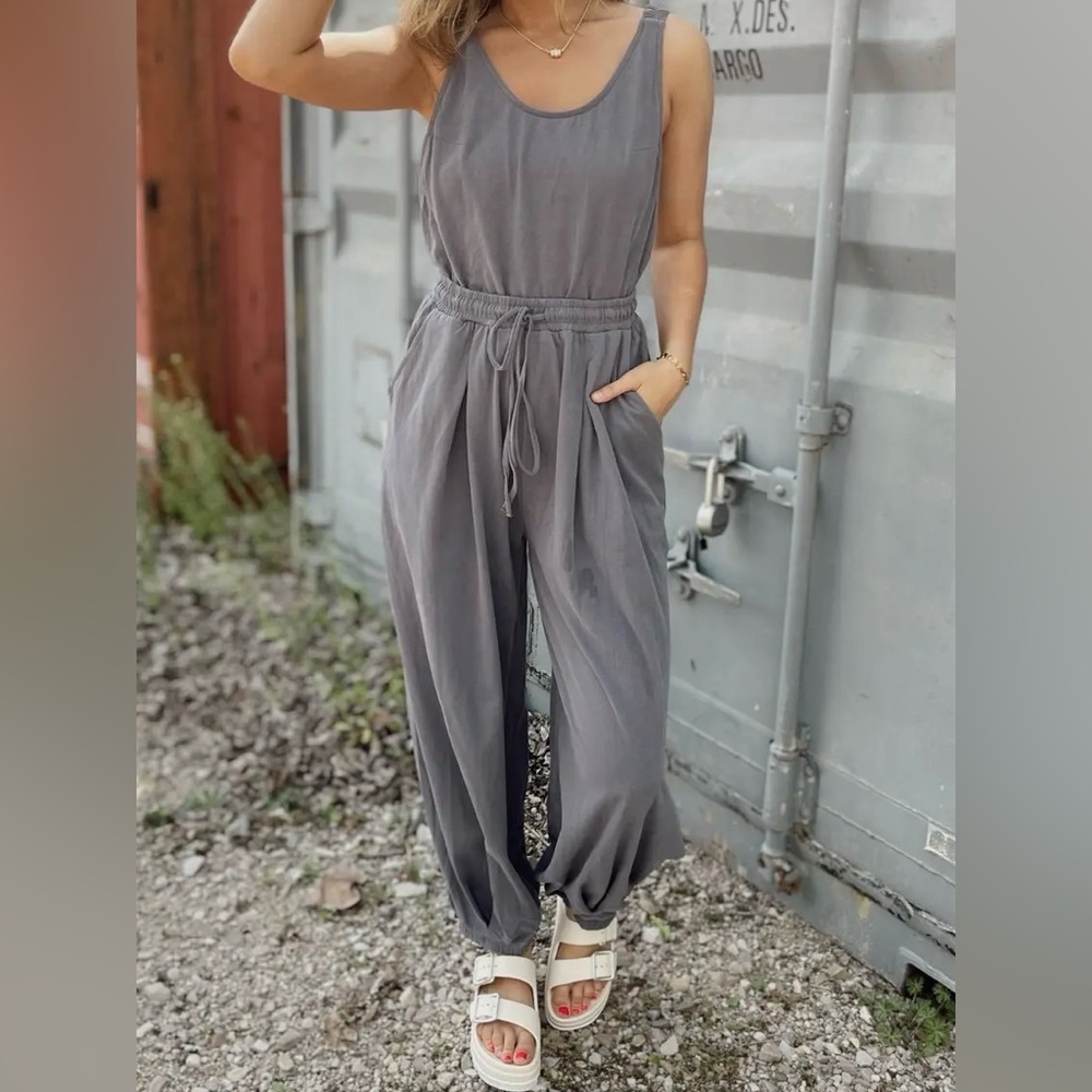 Listicle Charcoal Grey Open Back Jogger Drawstring Jumper Jumpsuit - Picture 3 of 10